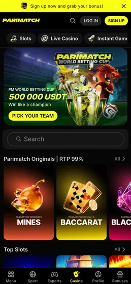 Sección de casino en la app de Parimatch en un teléfono