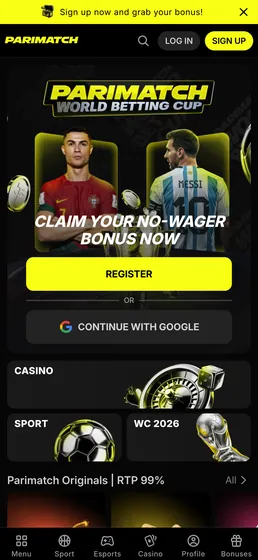 Pantalla inicial de la app de Parimatch en Android — captura ilustrativa; este sitio es informativo y no es el operador Pantalla inicial de la app de Parimatch en Android