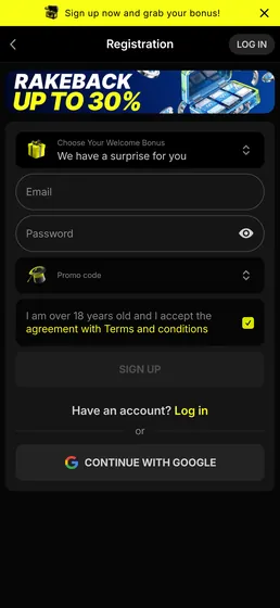 Formulario de registro en la app de Parimatch